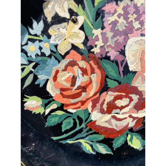 Antique 1930s Metal Toleware Hand Painted wall Plate Roses Flowers - Picture 14 of 16